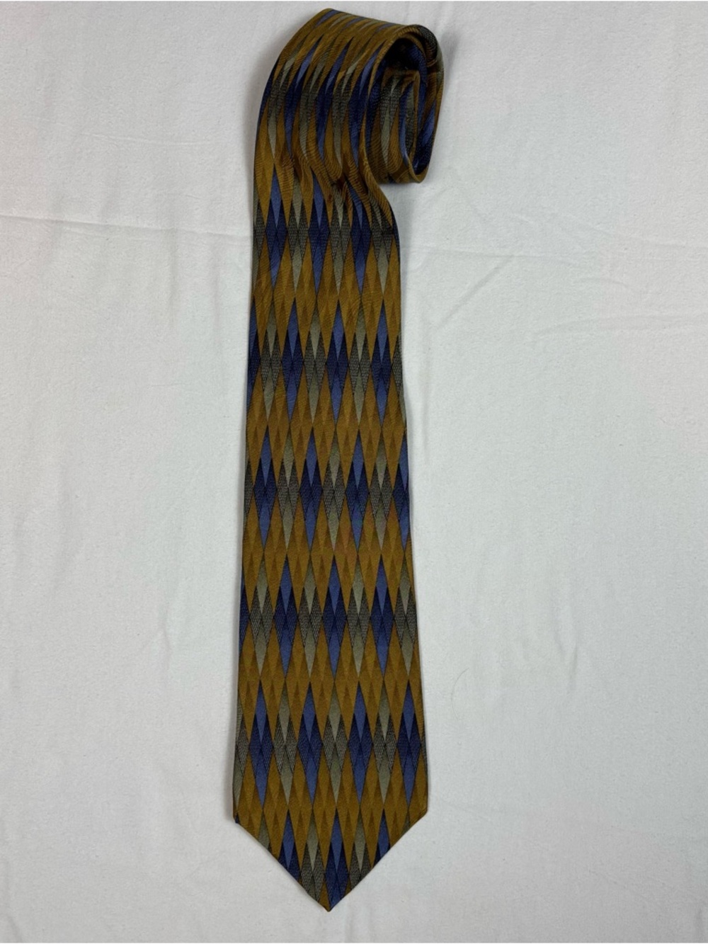 Mezzano 100% Silk Tie Blue Gold Multi Color Geometric Men Necktie 4” Wide